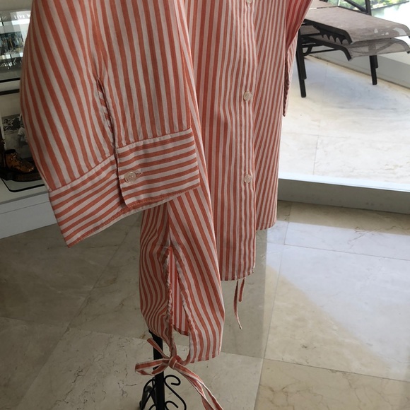 CORAL/WHITE STRIPE LONG LENGTH BUTTON DOWN - Picture 3 of 5